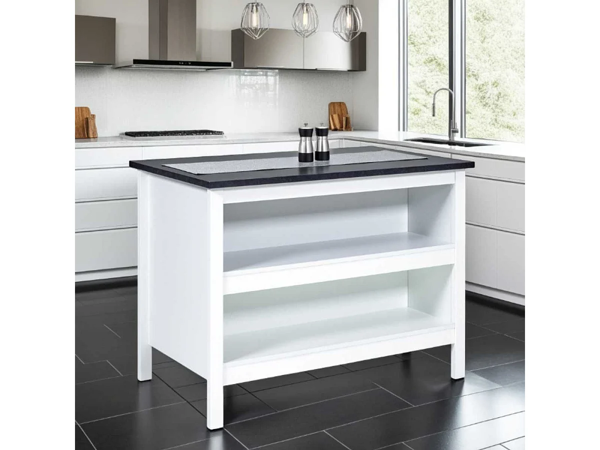 Ilot de Cuisine Blanc et Plateau Anthracite - KENNY