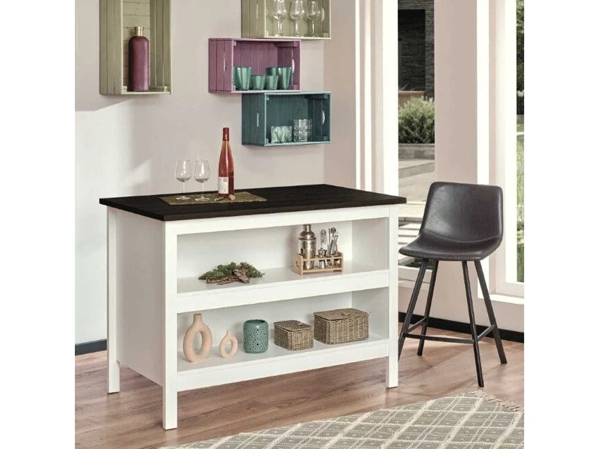 Ilot de Cuisine Blanc et Plateau Anthracite - KENNY