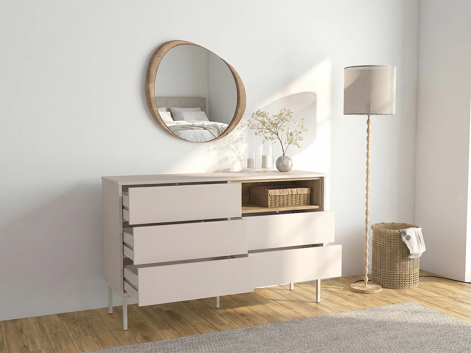 Commode 5 tiroirs et 1 niche - Beige et naturel clair - FAZYRA