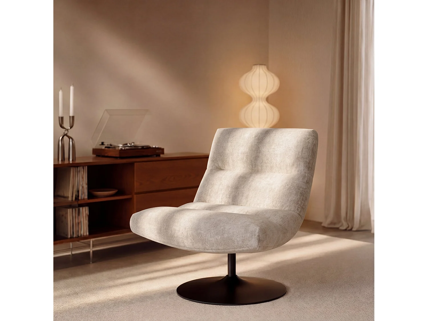 Fauteuil pivotant ROMA en velours texturé crème 77x93cm