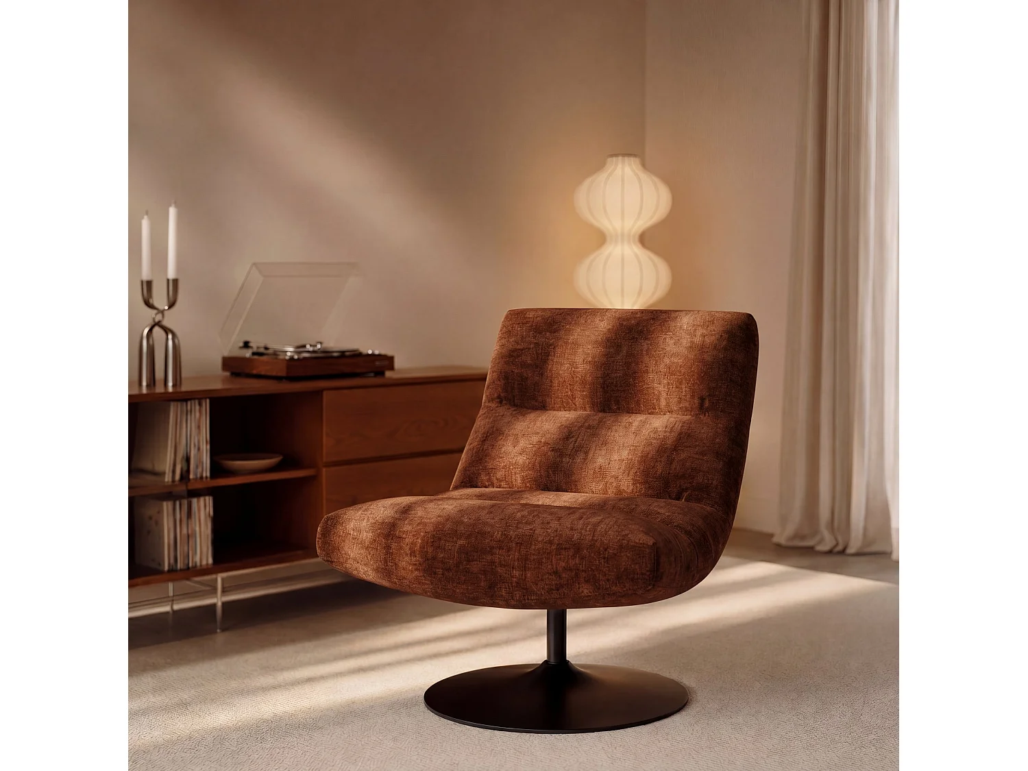 Fauteuil pivotant ROMA en velours texturé terracotta 77x93cm