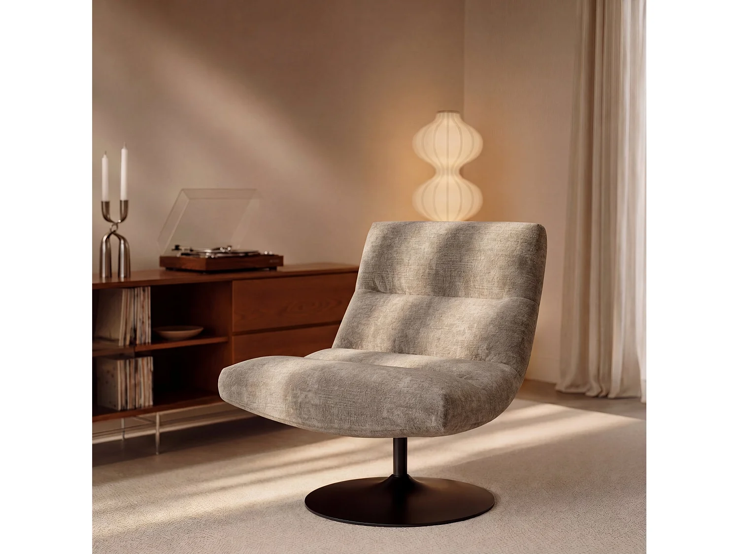 Fauteuil pivotant ROMA en velours texturé taupe 77x93cm