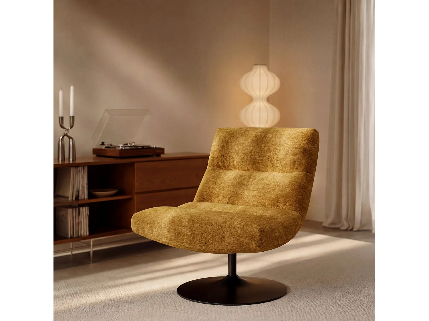Fauteuil pivotant ROMA en velours texturé moutarde 77x93cm