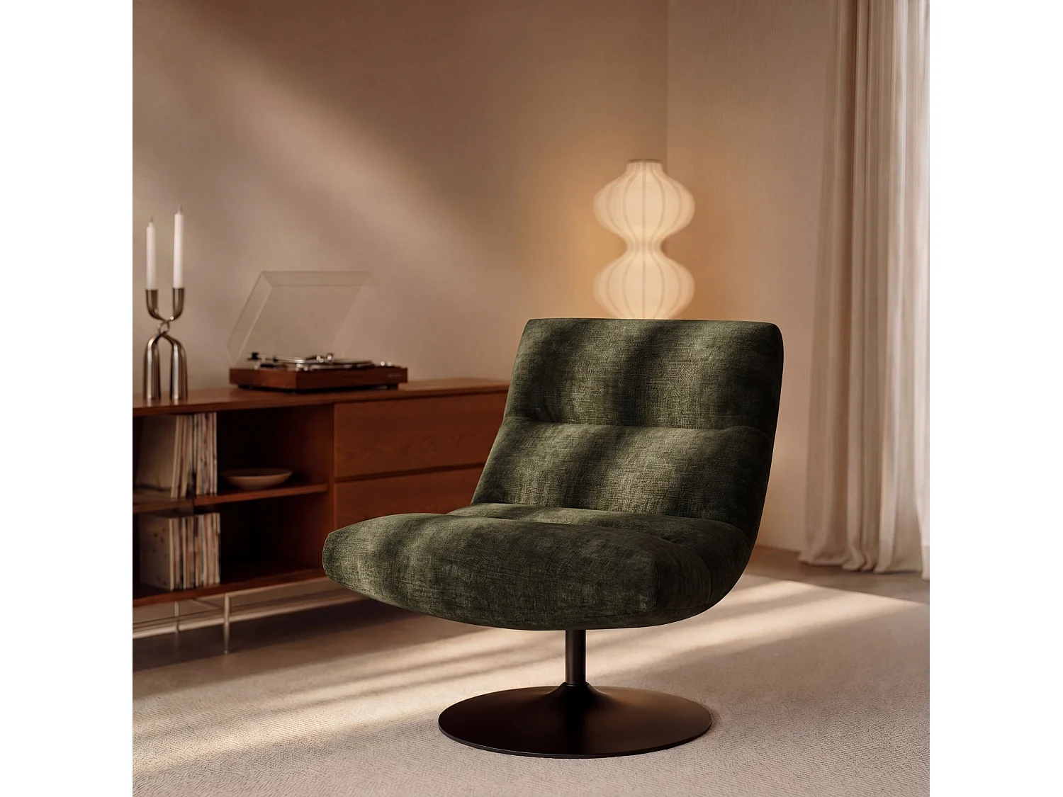 Fauteuil pivotant ROMA en velours texturé kaki 77x93cm