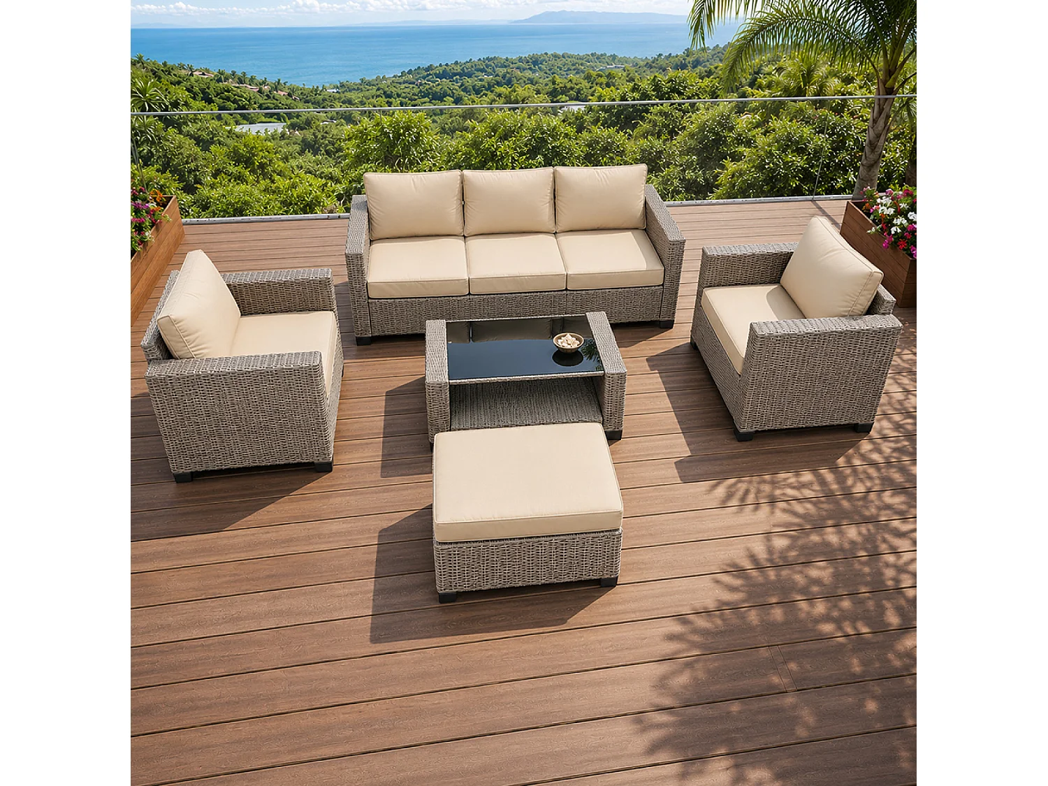 Salon de jardin 6 places modulable en résine tressée gris et beige MARABO