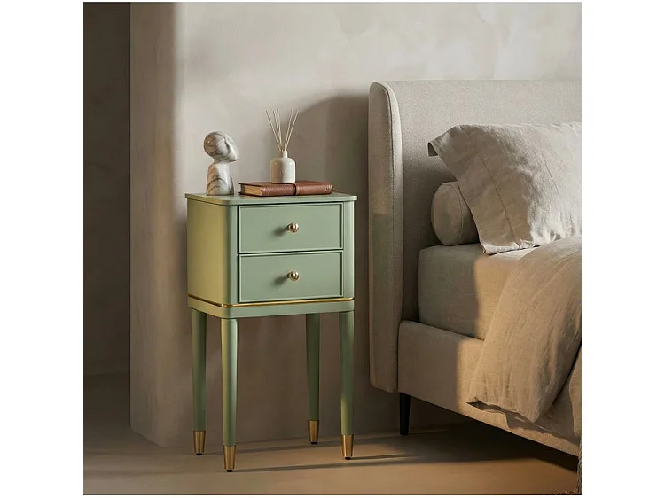Comodino Camille Verde 40 cm - Legno di Pino e MDF, Stile Shabby Chic, Design Sophisticated per zona notte, Finitura Oro - 142913000V