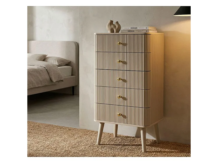 Schlichte weiße und goldene Kommode 37,5 cm - Modernes Aufbewahrungsmöbel mit vertikalen Rillen, Kiefernholz, MDF und Eisenrahmen - 1429180000