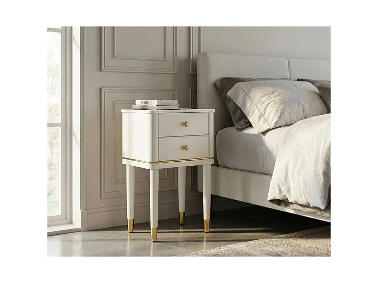 Stolik nocny Camille White 40 cm – drewno sosnowe i płyta MDF, styl shabby chic, klasyczny design zinterpretowany na nowo w nowoczesnym tonie – 142913000B