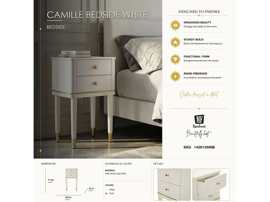 Stolik nocny Camille White 40 cm – drewno sosnowe i płyta MDF, styl shabby chic, klasyczny design zinterpretowany na nowo w nowoczesnym tonie – 142913000B