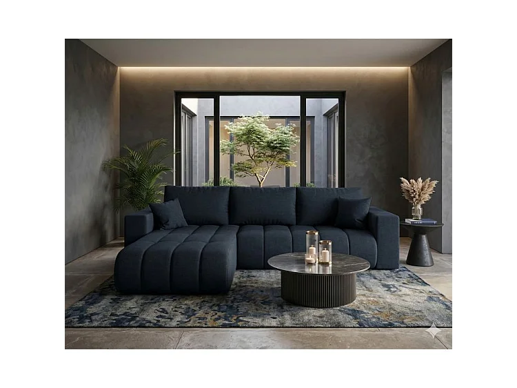 Canapé d’angle velours chenille convertible avec coffre ORIA-Bleu foncé-angle gauche