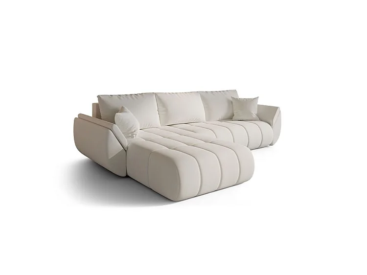 Canapé d’angle velours chenille convertible avec coffre ARCO-Blanc cassé-angle gauche
