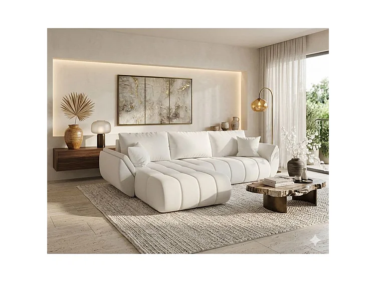 Canapé d’angle velours chenille convertible avec coffre ARCO-Blanc cassé-angle gauche