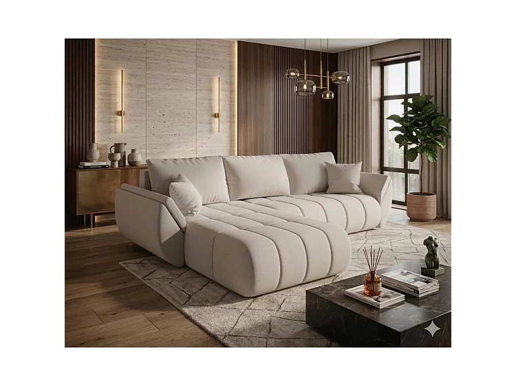 Canapé d’angle velours chenille convertible avec coffre ARCO-Beige clair-angle gauche