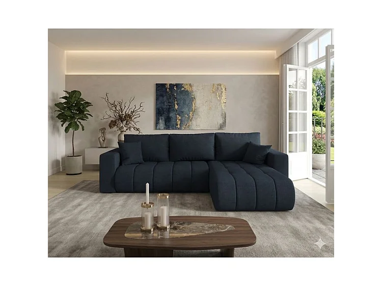 Canapé d’angle velours chenille convertible avec coffre ORIA-Bleu foncé-angle droit