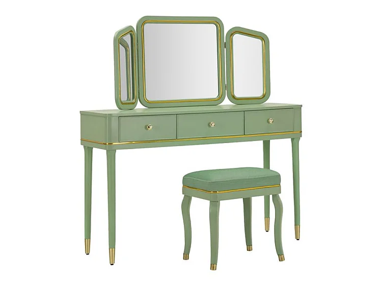 Coiffeuse Camille vert sauge avec miroir et tabouret