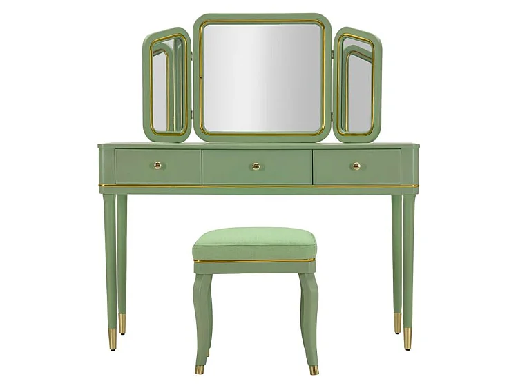 Coiffeuse Camille vert sauge avec miroir et tabouret