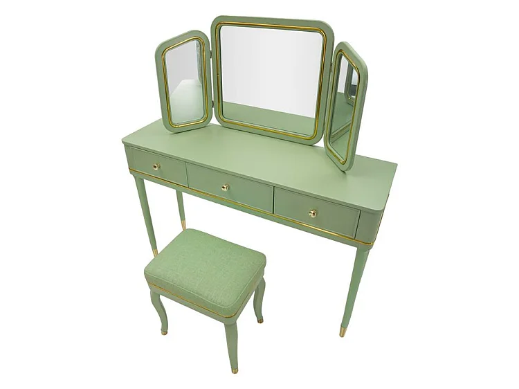 Coiffeuse Camille vert sauge avec miroir et tabouret