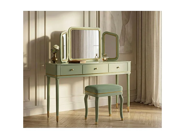 Coiffeuse Camille vert sauge avec miroir et tabouret