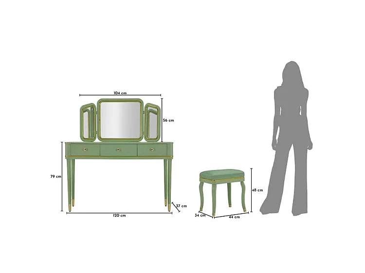 Coiffeuse Camille vert sauge avec miroir et tabouret