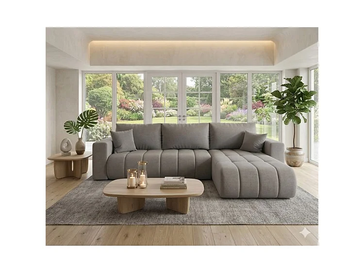 Canapé d’angle velours chenille convertible avec coffre ORIA-Marron foncé-angle droit
