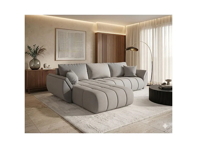 Canapé d’angle velours chenille convertible avec coffre ARCO-Beige-angle gauche