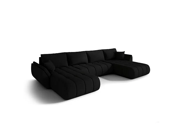 Canapé d’angle velours chenille panoramique convertible avec coffre LUMEN-Noir