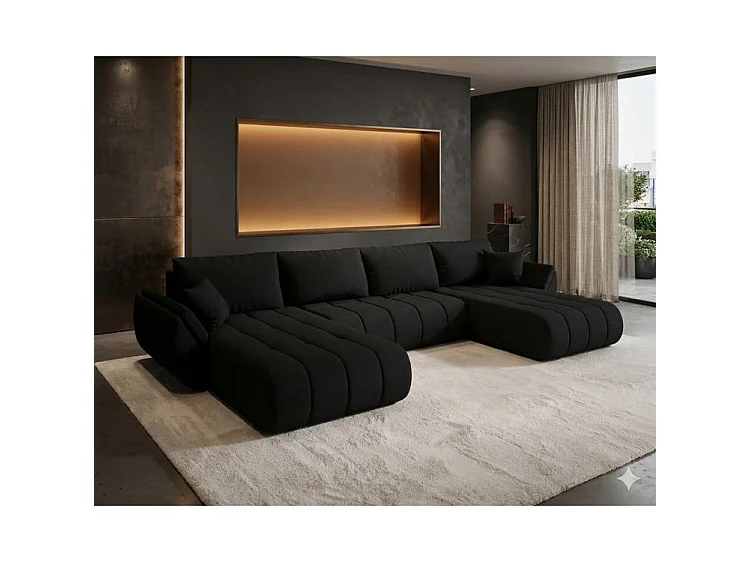 Canapé d’angle velours chenille panoramique convertible avec coffre LUMEN-Noir