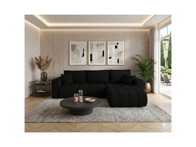 Canapé d’angle velours chenille convertible avec coffre ORIA-Noir-angle droit