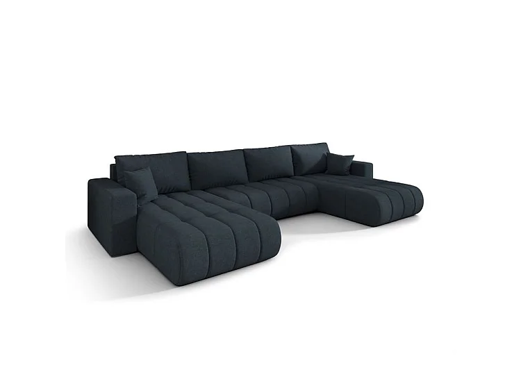 Canapé d’angle velours chenille panoramique convertible design avec coffre SVEN-Bleu foncé