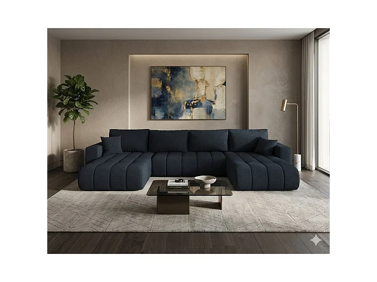 Canapé d’angle velours chenille panoramique convertible design avec coffre SVEN-Bleu foncé