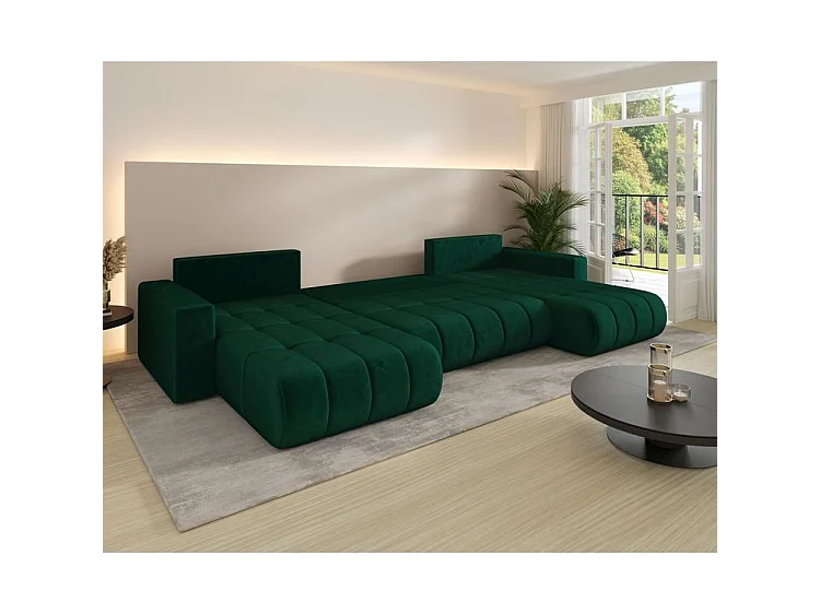 Canapé d’angle velours chenille panoramique convertible design avec coffre SVEN-Bleu foncé