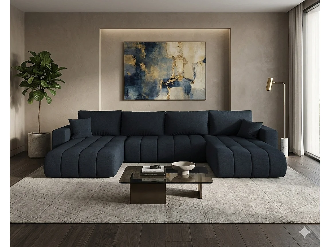 Canapé d’angle velours chenille panoramique convertible design avec coffre SVEN-Bleu foncé