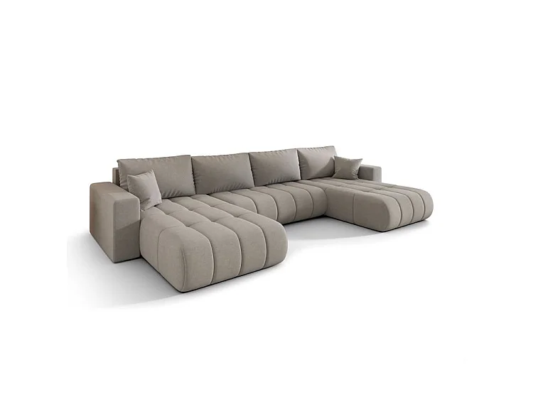 Canapé d’angle velours chenille panoramique convertible design avec coffre SVEN-Gris clair