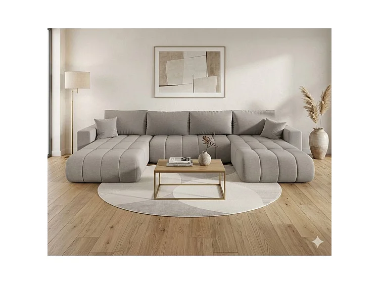 Canapé d’angle velours chenille panoramique convertible design avec coffre SVEN-Gris clair
