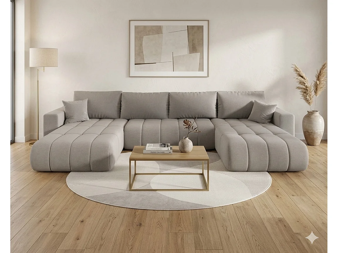 Canapé d’angle velours chenille panoramique convertible design avec coffre SVEN-Gris clair