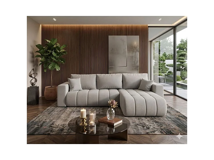 Canapé d’angle velours chenille convertible avec coffre ORIA-Beige-angle droit