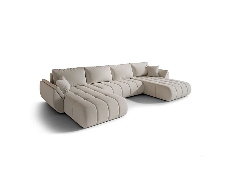 Canapé d’angle velours chenille panoramique convertible avec coffre LUMEN-Beige