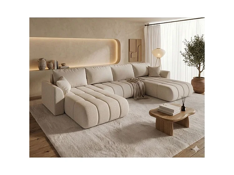 Canapé d’angle velours chenille panoramique convertible avec coffre LUMEN-Beige