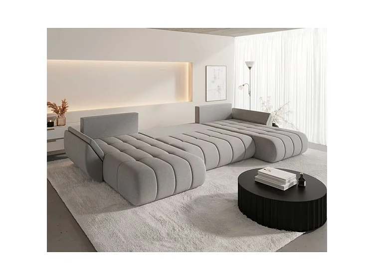 Canapé d’angle velours chenille panoramique convertible avec coffre LUMEN-Beige