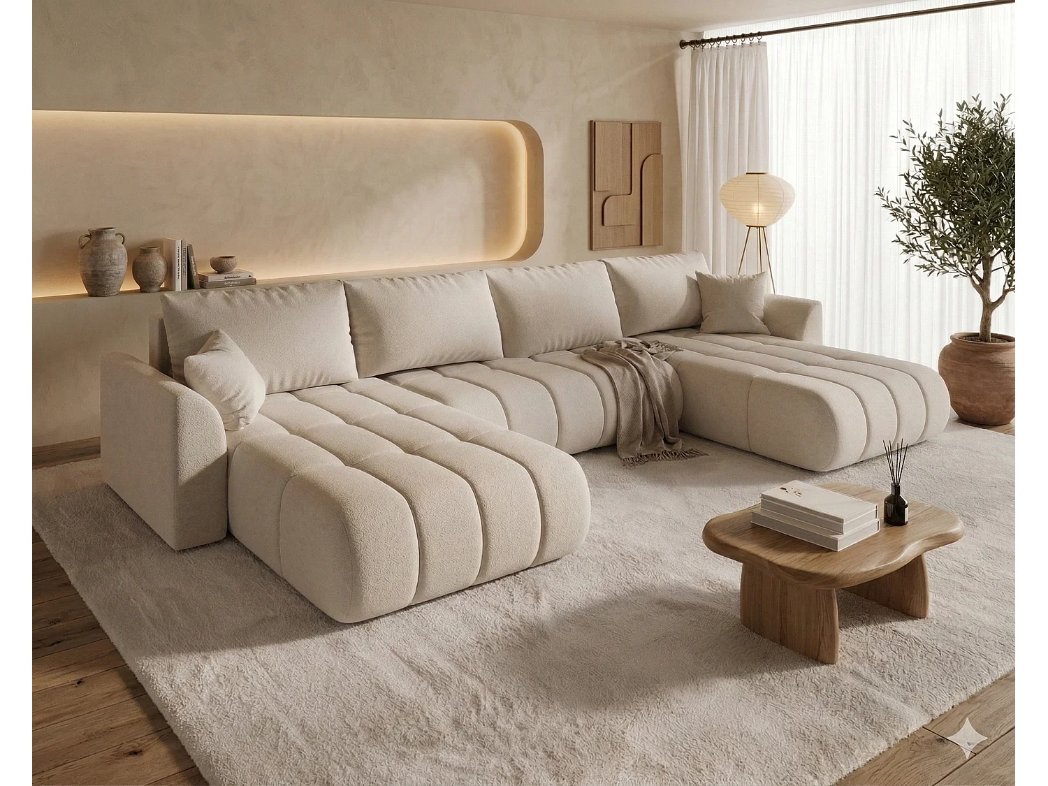 Canapé d’angle velours chenille panoramique convertible avec coffre LUMEN-Beige