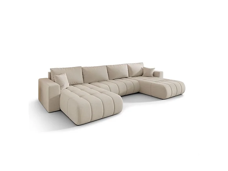 Canapé d’angle velours chenille panoramique convertible design avec coffre SVEN-Beige