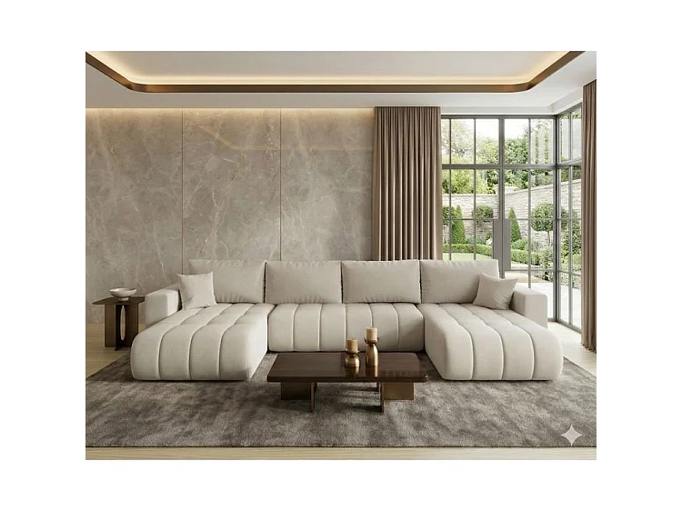 Canapé d’angle velours chenille panoramique convertible design avec coffre SVEN-Beige