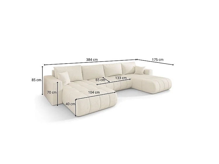 Canapé d’angle velours chenille panoramique convertible design avec coffre SVEN-Beige