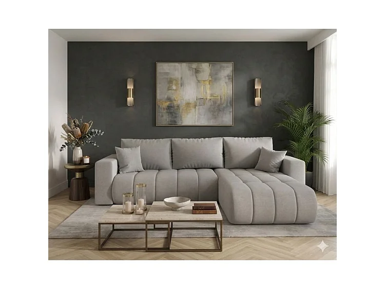Canapé d’angle velours chenille convertible avec coffre ORIA-Gris clair-angle droit