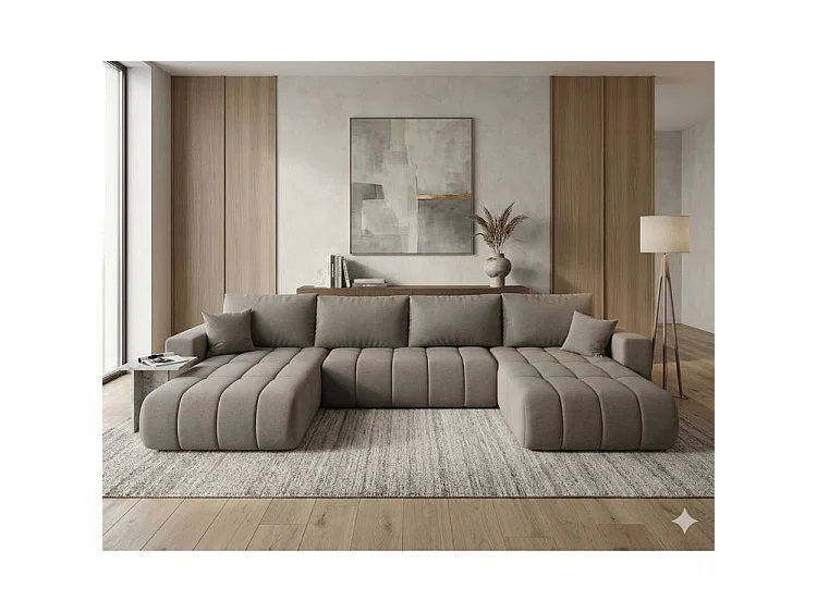 Canapé d’angle velours chenille panoramique convertible design avec coffre SVEN-Marron