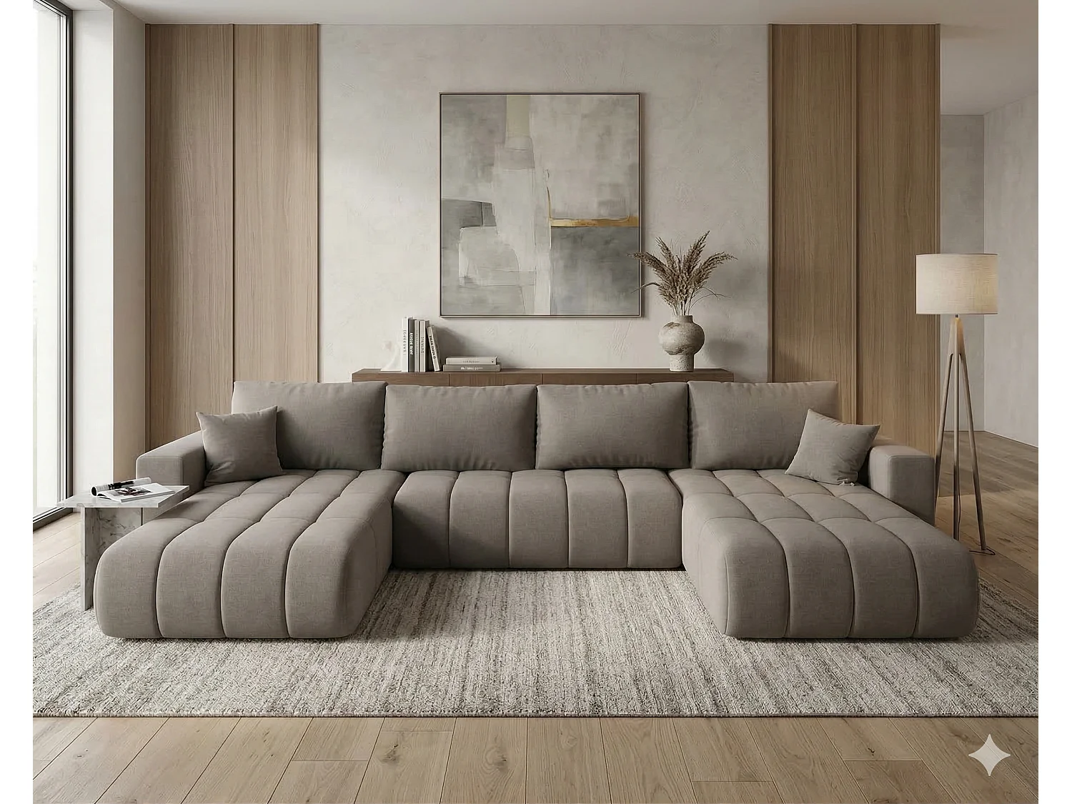 Canapé d’angle velours chenille panoramique convertible design avec coffre SVEN-Marron