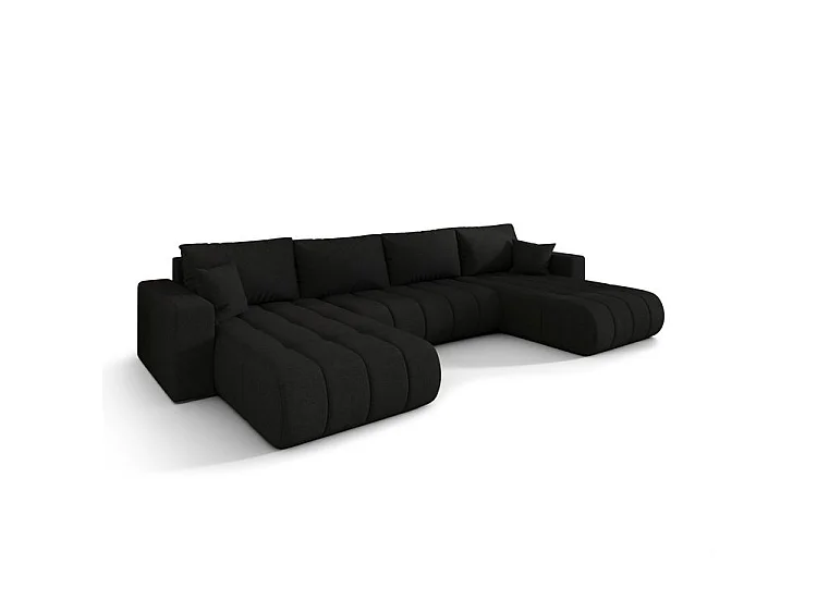 Canapé d’angle velours chenille panoramique convertible design avec coffre SVEN-Noir