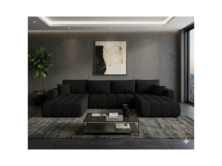Canapé d’angle velours chenille panoramique convertible design avec coffre SVEN-Noir