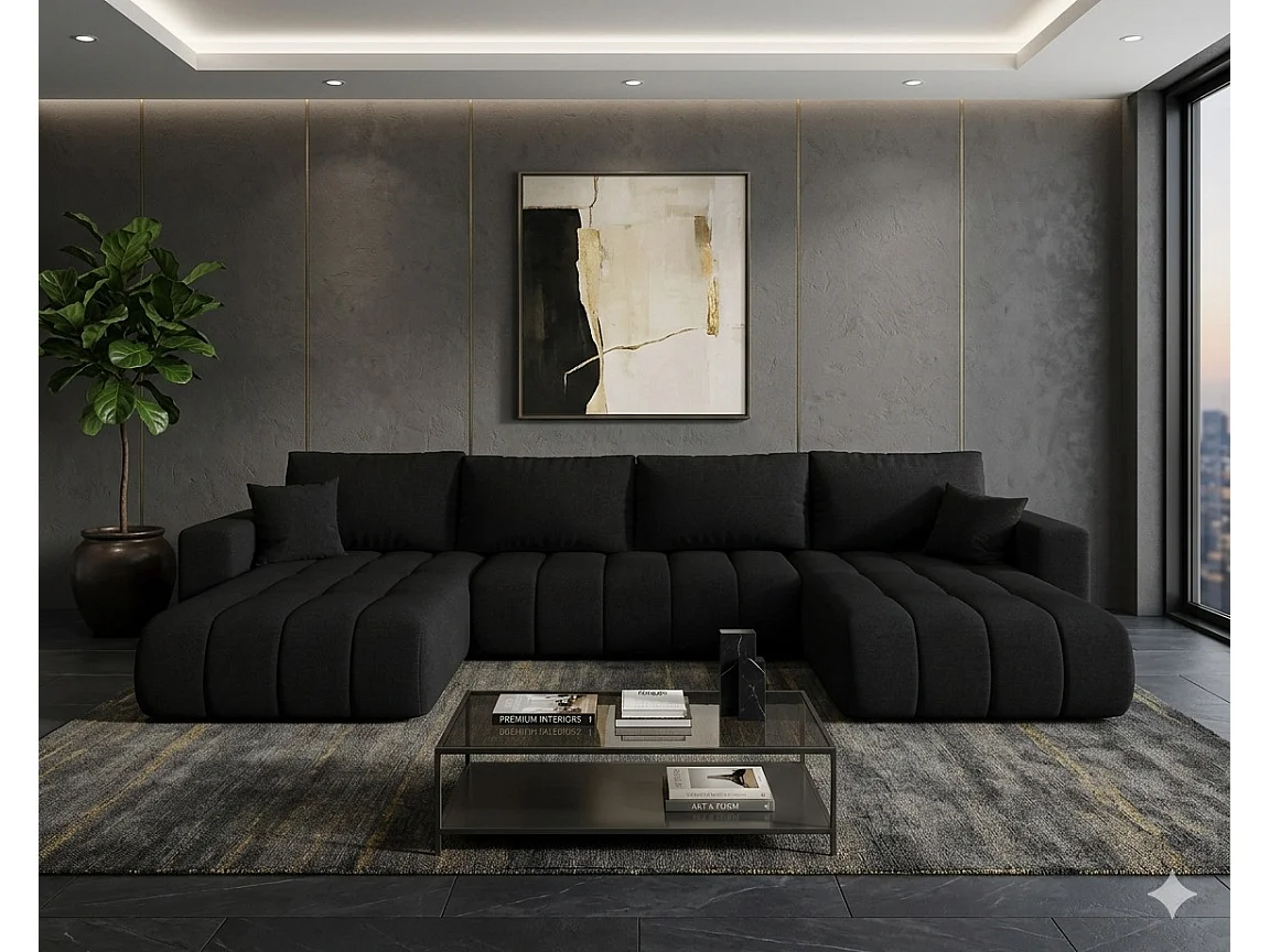 Canapé d’angle velours chenille panoramique convertible design avec coffre SVEN-Noir