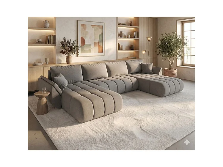 Canapé d’angle velours chenille panoramique convertible avec coffre LUMEN-Marron
